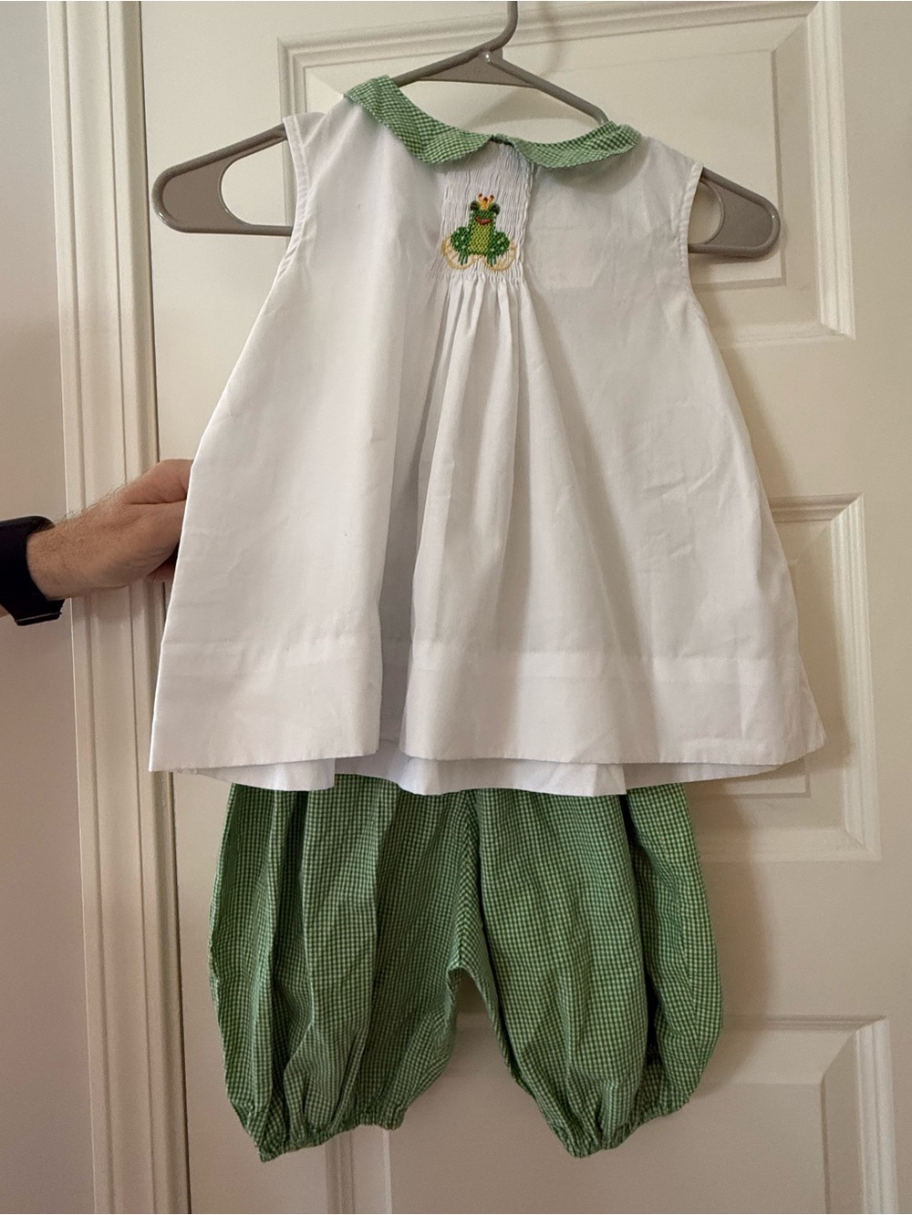 Orient Expressed White and Green Frog Smocked Gingham Outfit, Size 6 Heirloom
